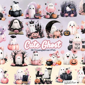 30 Pink Pastel Ghost Clipart – Cute Halloween Graphics PNG Bundle