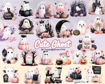 Clipart de Fantasma Rosa – Pacote de Imagens PNG de Halloween (Download Digital)