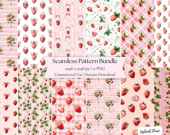 Strawberry Seamless Pattern Bundle, Pink Floral Digital Paper PNG (Digital Download)