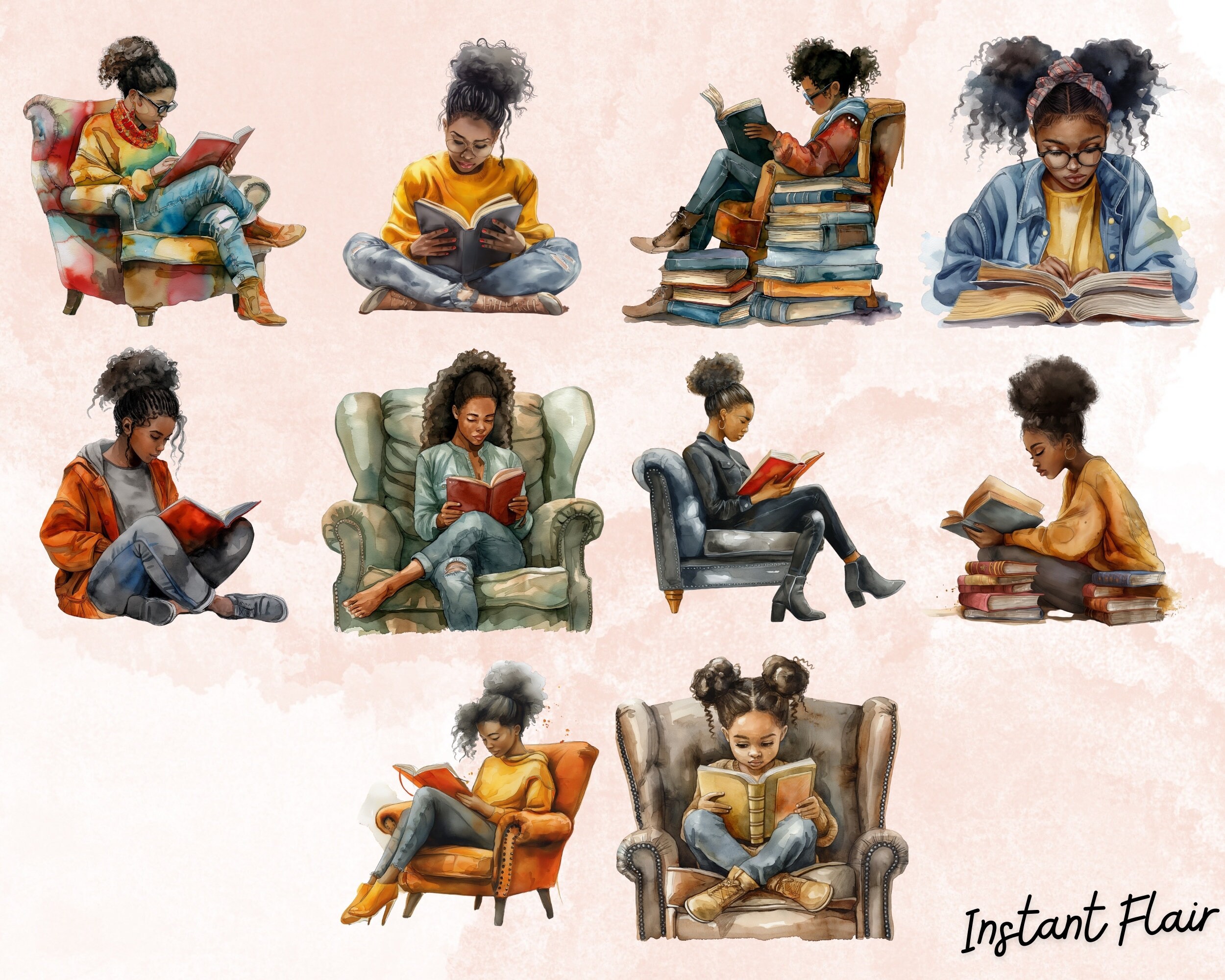 Black Girl Reading Watercolor Clip Art Bundle, 20 Transparent PNG ...