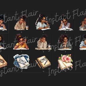May include: Set of 14 digital stickers featuring illustrations of Black women studying and taking notes. The stickers include images of women with different hairstyles, outfits, and expressions. The stickers are perfect for adding a touch of personality to your planner, journal, or laptop.