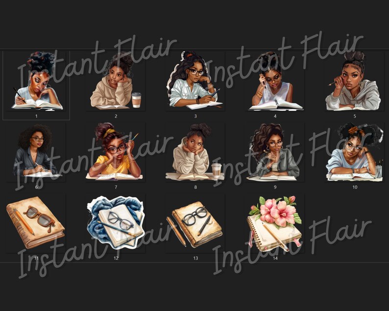 May include: Set of 14 digital stickers featuring illustrations of Black women studying and taking notes. The stickers include images of women with different hairstyles, outfits, and expressions. The stickers are perfect for adding a touch of personality to your planner, journal, or laptop.