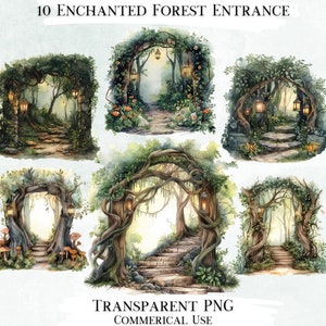 Enchanted Forest Entrance Clip Art-bundel, 10 transparante png-ontwerpen, decoratieve afbeeldingen, digitale ontwerpen voor commercieel gebruik