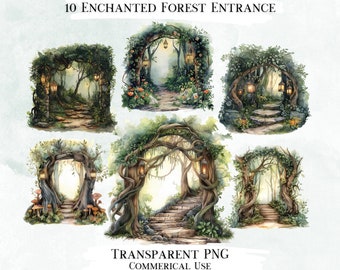 May include: Ten digital illustrations of enchanted forest entrances. Each image features a different style of archway, with lush greenery, stone pathways, and glowing lanterns. The images are perfect for fantasy and fairytale themed projects.