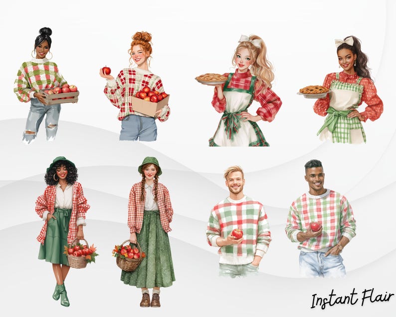 May include: Digital illustration featuring eight figures, including people holding apples, apple pies, and baskets of apples. The figures are wearing red, green, and white plaid shirts, skirts, and aprons. The text "Instant Flair" is at the bottom right.