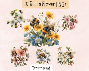 Bee in Flower Watercolor Clipart Bundle, Transparent PNG (Digital Designs)