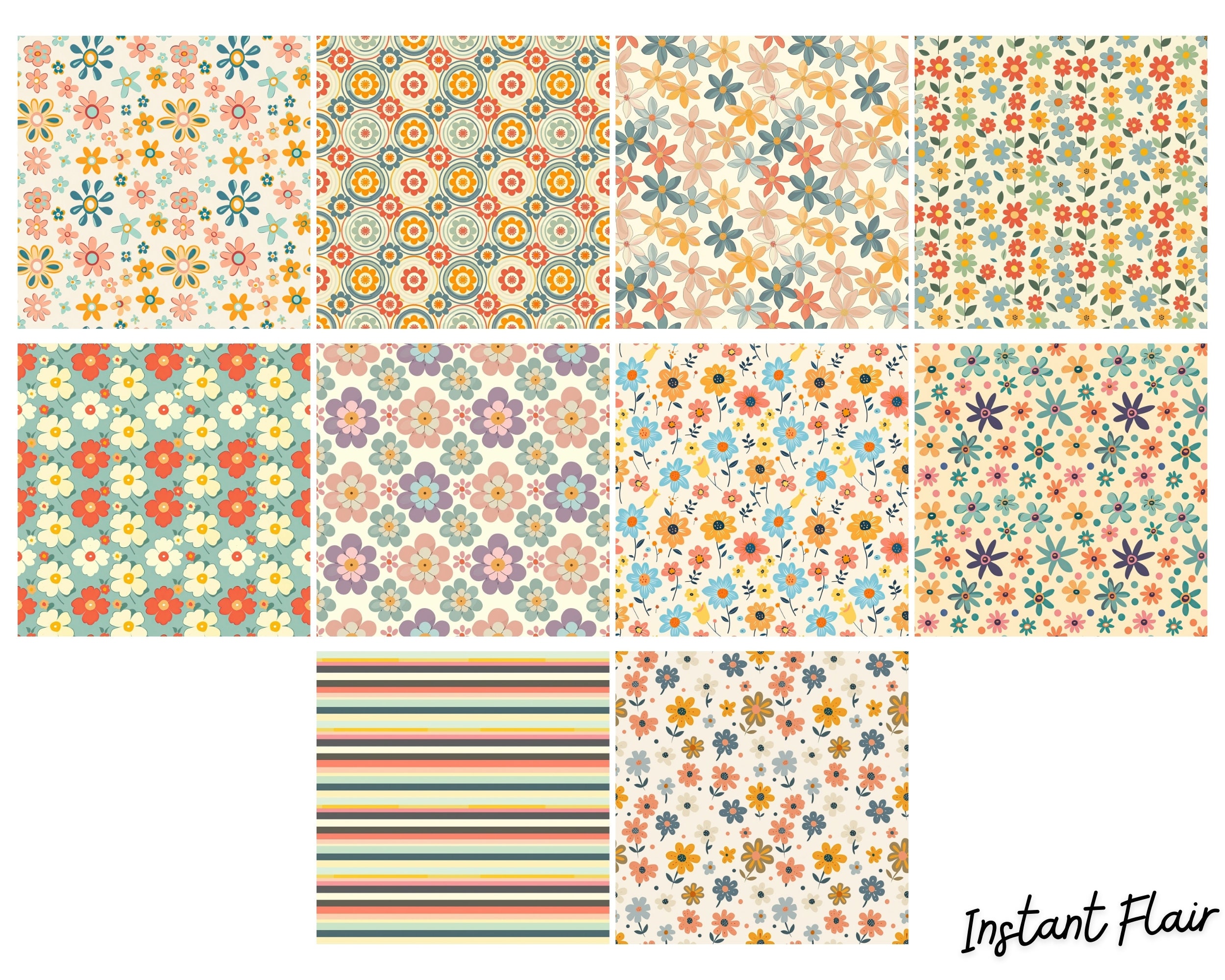 Retro Floral Seamless Digital Paper Bundle – Groovy Flower Patterns ...