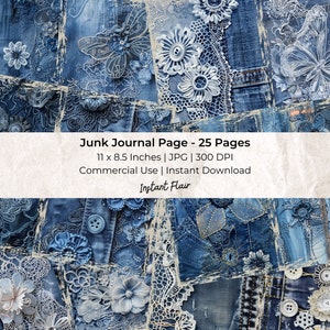 Denim e pizzo: foglio collage / kit carta per album digitale / download digitale / diario d'arte / materiale effimero per diario spazzatura / materiale effimero digitale