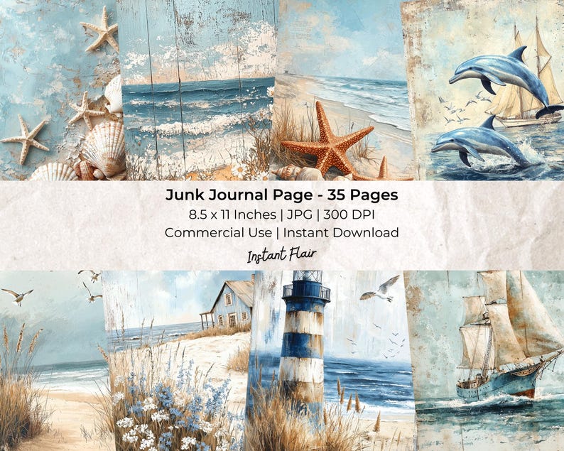 May include: A digital collage of 35 junk journal pages featuring a variety of beach-themed images, including seashells, starfish, lighthouses, sailboats, and dolphins. The pages are 8.5 x 11 inches and 300 DPI.