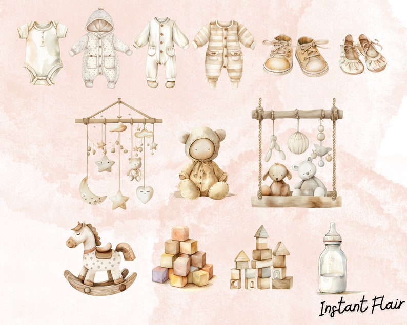 Gender Neutral Baby Shower Clip Art Bundle, 60 Transparent PNG Designs