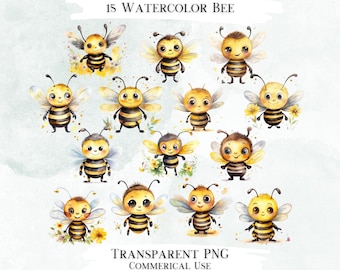 Paquete de imágenes prediseñadas de abejas en acuarela, diseños PNG de abejorros (descarga digital)
