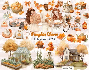 Pumpkin Charm 64 – Cozy Autumn Clipart Bundle with Pumpkins, Fall Decor & Characters