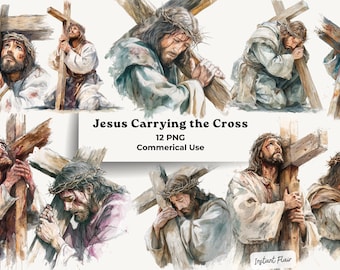 Jesus Carrying the Cross Clipart, Christian Easter PNG Bundle (Digital Download)