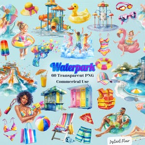 Waterpark Clipart – 60 Fun Summer Elements PNG Bundle – Slides, Floats, Splash Graphics
