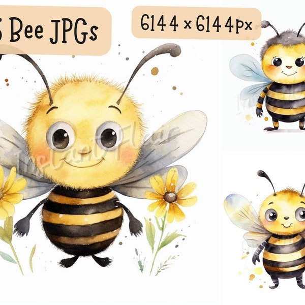 Bee Clip Art Bundle, 15 JPG Designs, Watercolor Cute Artsy Bumblebee Buzz Decorative Images Digital Designs for Commercial Use