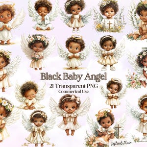 21 Black Baby Angel Watercolor Clipart – Cute Angel PNG – Digital Download – Commercial Use