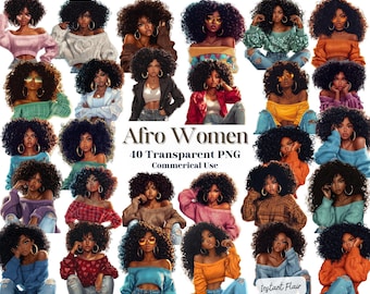 40 Afro Women Clipart – Transparent PNG – Commercial Use – Instant Downloa