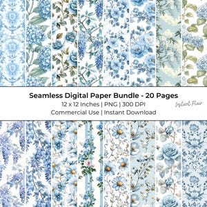 Blaue Blumen Digitales Papier, 20 nahtlose Hintergründe für Scrapbooking, druckbare Blumenmuster, botanische Kunst Download