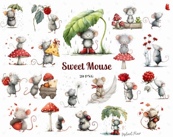 May include: Watercolor illustrations of adorable gray mice in various poses. Some mice are holding berries, cheese, and flowers, while others are under umbrellas or on mushrooms. The text "Sweet Mouse" and "20 PNG" are also visible.
