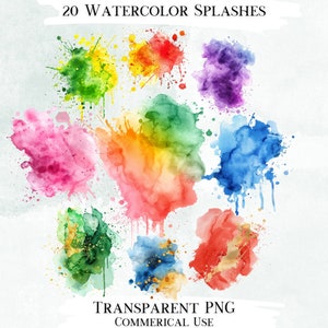 Watercolor Splashes Clip Art Bundle, 20 Transparent PNG Designs, Decorative Images, Digital Designs for Commercial Use