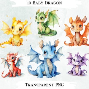 Baby Dragon Watercolor Clip Art Bundle, 10 Transparent PNG Designs, Decorative Images, Digital Designs for Commercial Use