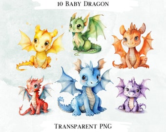 Watercolor Baby Dragon Clipart, Transparent PNG Designs (Digital Download)