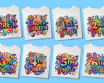May include: Eight white t-shirts arranged in two rows, each featuring a colorful rainbow paint splatter graphic. The designs include text for grade levels from Pre-K through 6th grade, accompanied by small flower, apple, and smiley face icons.