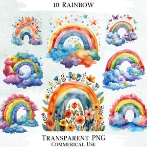 Paquete de imágenes prediseñadas de acuarela de arcoíris, 10 diseños PNG transparentes, imágenes decorativas, diseños digitales para uso comercial