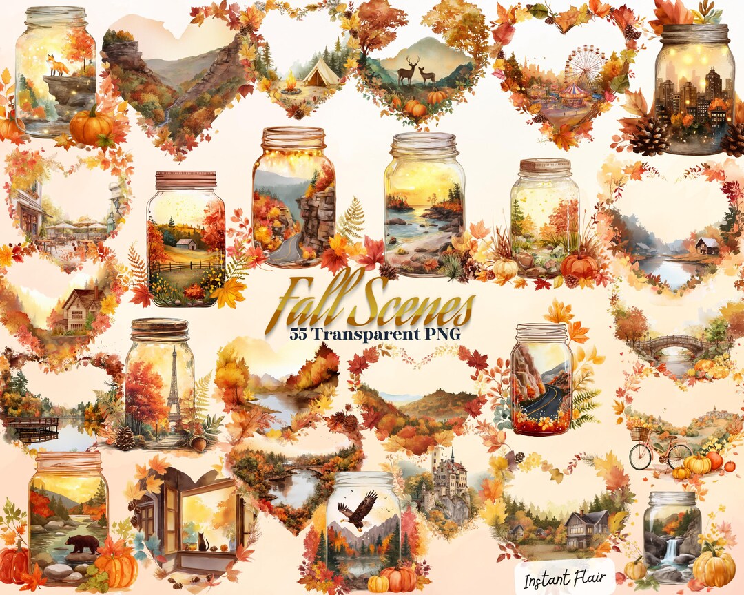 Graphics For Fall Back Autumn Landscape Clipart: 55 Fall Scene PNG Graphics (digital Download ...