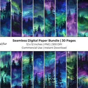 Watercolor Northern Lights Digital Paper: 30 Seamless 12x12 PNGs (Digital Download)