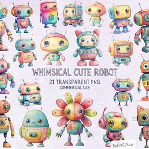 以下が含まれることがあります： さまざまな色とデザインの、気まぐれなロボットのイラスト21点セット。ロボットはかわいらしく、漫画のような、大きな目と友好的な表情をしています。どんなプロジェクトにも楽しい雰囲気を加えるのに最適です。