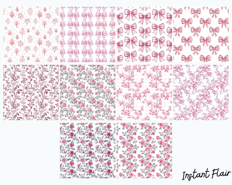 Pink Coquette Pattern Bundle – Floral Bow PNG Backgrounds (digital ...