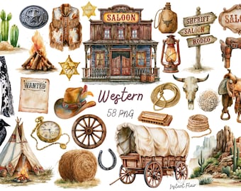 May include: A collection of watercolor illustrations featuring Western-themed items including a saloon building, a covered wagon, a cowboy hat, a saddle, a cactus, a campfire, a sheriff badge, a lasso, a skull, a pocket watch, and a bandana.