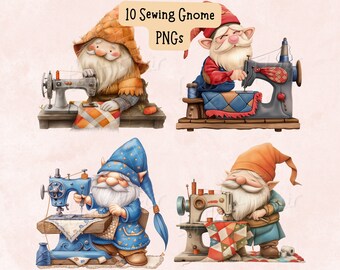 Quilting Gnome Clip Art Bundle, Aquarell PNG Designs (digitale Designs für kommerzielle Nutzung)