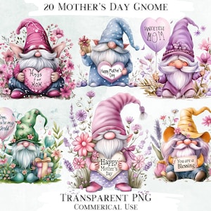 Mother's Day Gnome Clip Art Bundle, 20 Transparent PNG Designs, Decorative Images, Digital Designs for Commercial Use