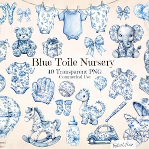 Blauwe toile kwekerij clipart, 40 chinoiserie bloemen png, Franse toile de jouy, babyshower decor, digitale download