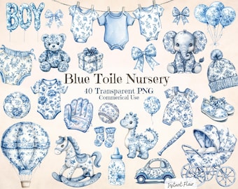 Blue Toile Nursery Clipart, Chinoiserie Floral PNG (Digital Download)