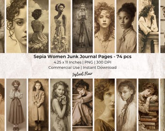 Sepia Women Junk Journal Pages, Vintage Portrait PNG Ephemera (Digital Download)