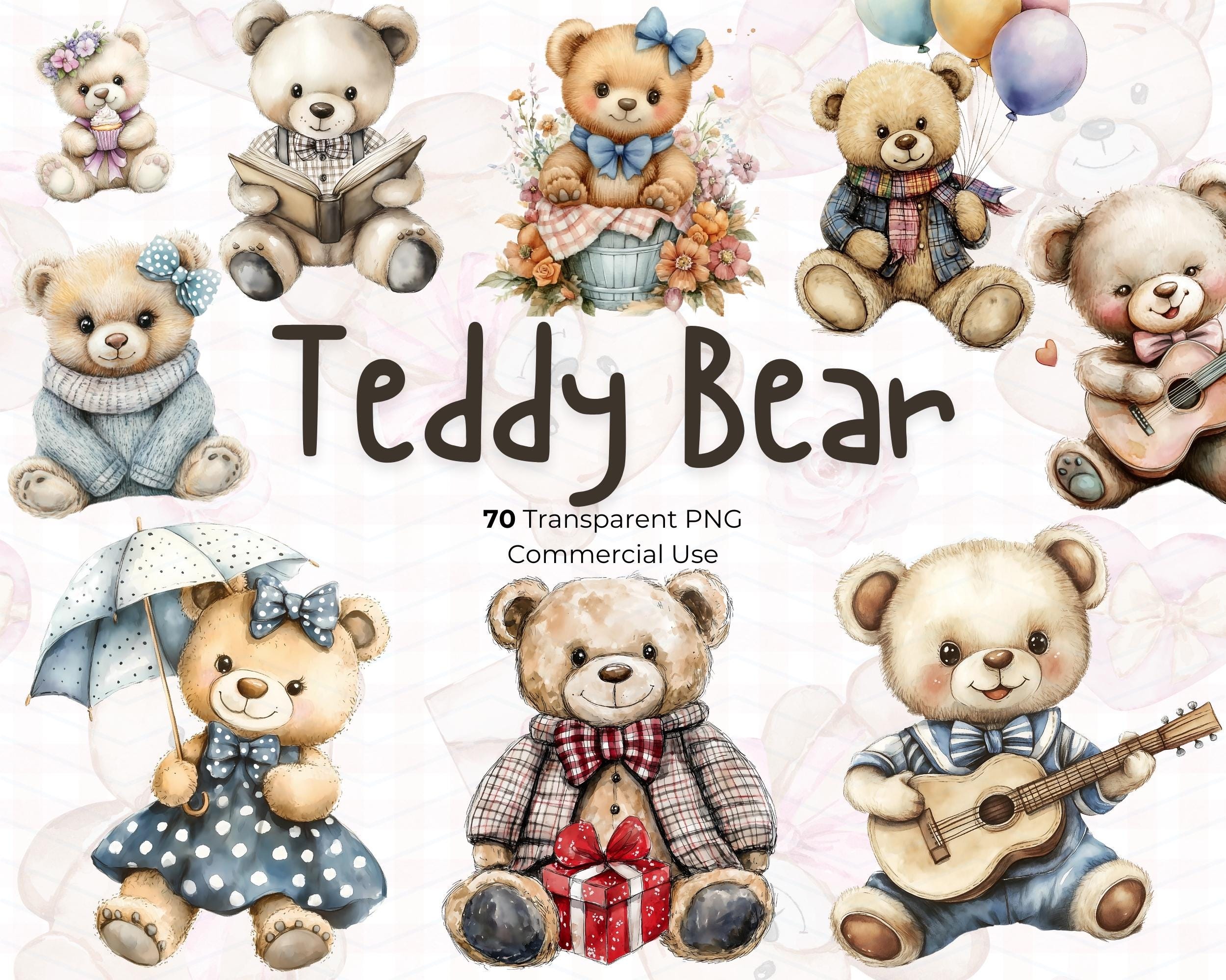 Watercolor Teddy Bear Clipart Bundle – Nursery PNG Graphics (digital ...