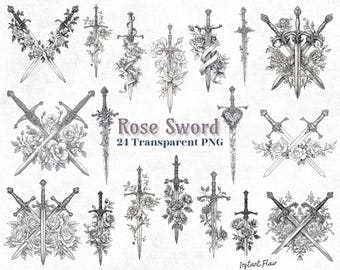 Schwert-und-Rosen-Cliparts | Gotische Tattoo-Motive, Schwarze Linienzeichnung (PNG)