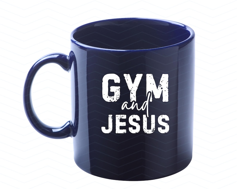 May include: A dark blue ceramic coffee mug with a white design that says "GYM and JESUS".