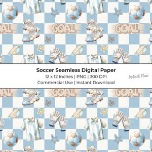 Soccer Seamless Digital Paper – 12x12 Blue Soccer Clipart Backgrounds, Goal Gloves Jerseys PNG, Sports Scrapbook Paper