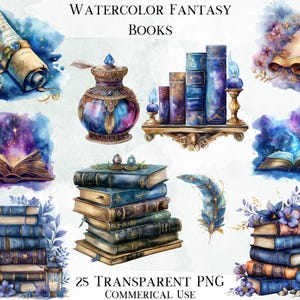 Watercolor Fantasy Books Clip Art Bundle, 25 Transparent PNG Designs, Decorative Images, Digital Designs for Commercial Use