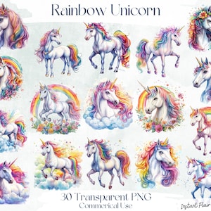 Clipart de aquarela de unicórnio arco-íris - 30 PNG fofos de unicórnio - Clipart de aniversário de unicórnio - Clipart de primeiro aniversário