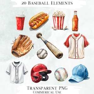 Pacchetto Clip Art Baseball, 20 disegni PNG trasparenti, immagini decorative, disegni digitali per uso commerciale