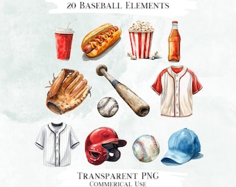 Aquarell Baseball Clipart Bundle, transparente PNG Designs (kommerzielle Nutzung)