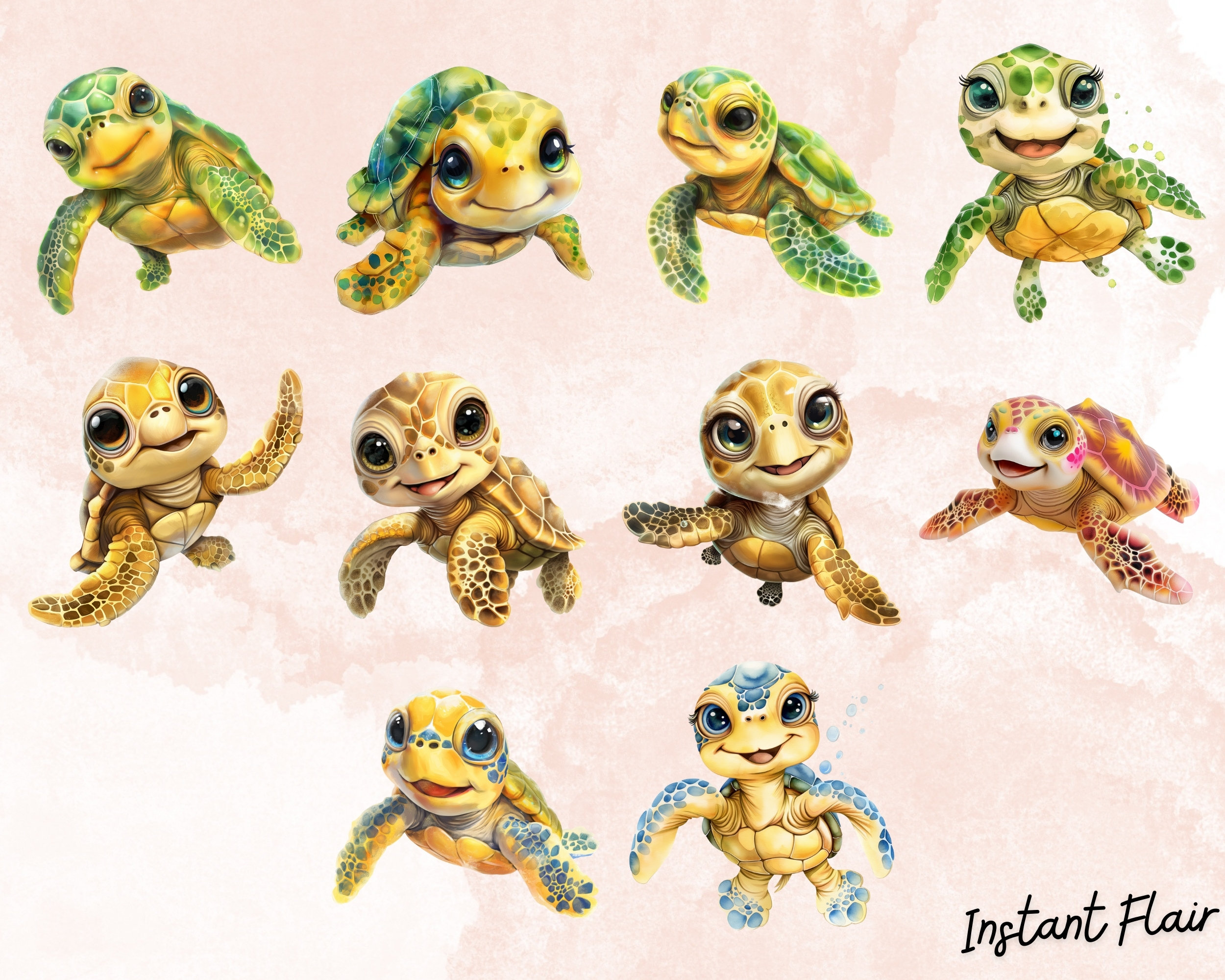 Baby Turtle Clip Art Bundle, 20 Transparent PNG Designs, Decorative