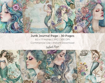 May include: A digital collage of 30 printable pages featuring mermaid illustrations with a watercolour and vintage aesthetic. The pages are 8.5 x 11 inches and 300 DPI. The text "Junk Journal Page - 30 Pages" is at the top of the image.