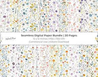 Zestaw bezszwowego papieru cyfrowego Wildflower – 20 wzorów kwiatowych PNG, 12x12, pakiet papieru do scrapbookingu botanicznego