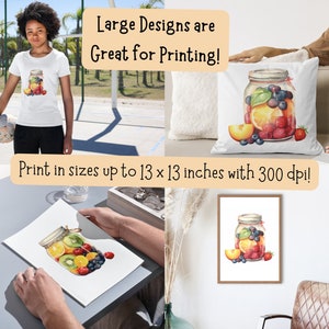 May include: A watercolor illustration of a mason jar filled with fruit and berries. The jar is surrounded by a peach slice, blueberries, and a strawberry. The image is printed on a white background and is suitable for printing up to 13 x 13 inches at 300 dpi.
